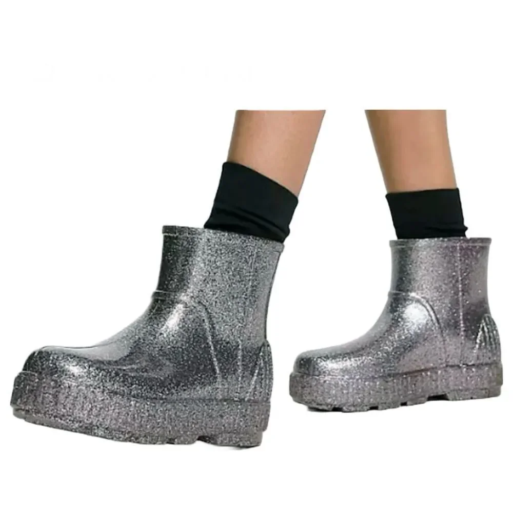 UGG Drizlita Glitter Ankle Rainboots Kids Sz 3 Gray PVC Upcycled Wool Waterproof